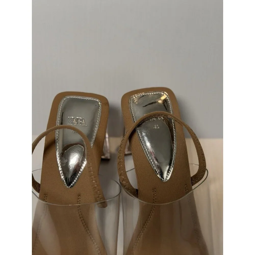 Zara Clear Strap Nude Block Heel Sandals